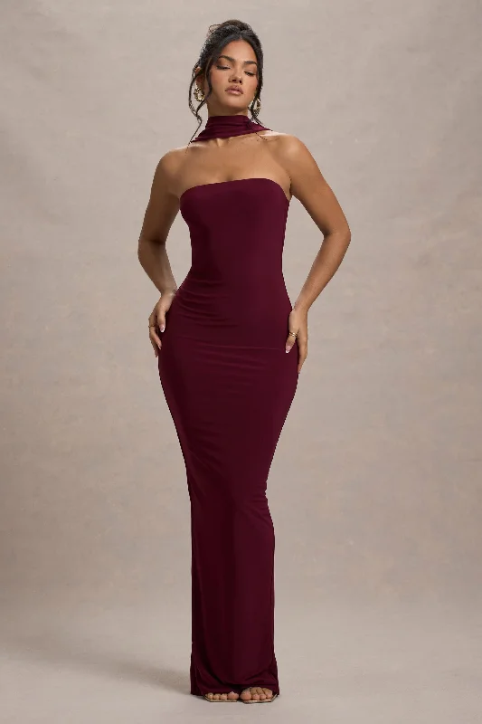 Fashion Forward Limited - Edition Drops Nobu | Burgundy Bandeau Maxi Dress With Halter-Collar