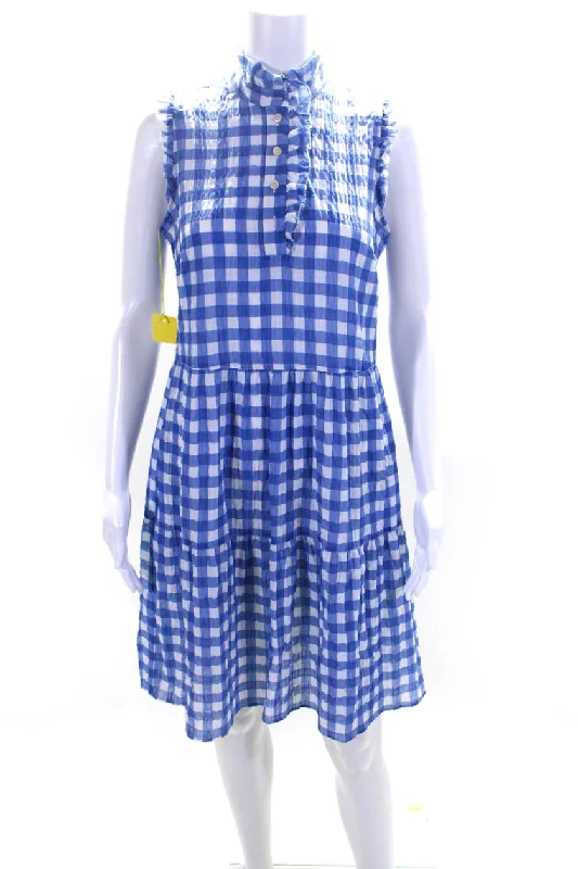 Affordable Luxury Fashion Art Deco Geometric Pattern Look 0039 Italy Womens Blue Gingham Ruffle Crew Neck Sleeveless Pompea Dress