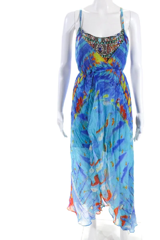 Chic & Cozy Collection Limited - Edition Drops Camilla Womens Blue Abstract Print Bedazzled Sleeveless Hi-Low Dress