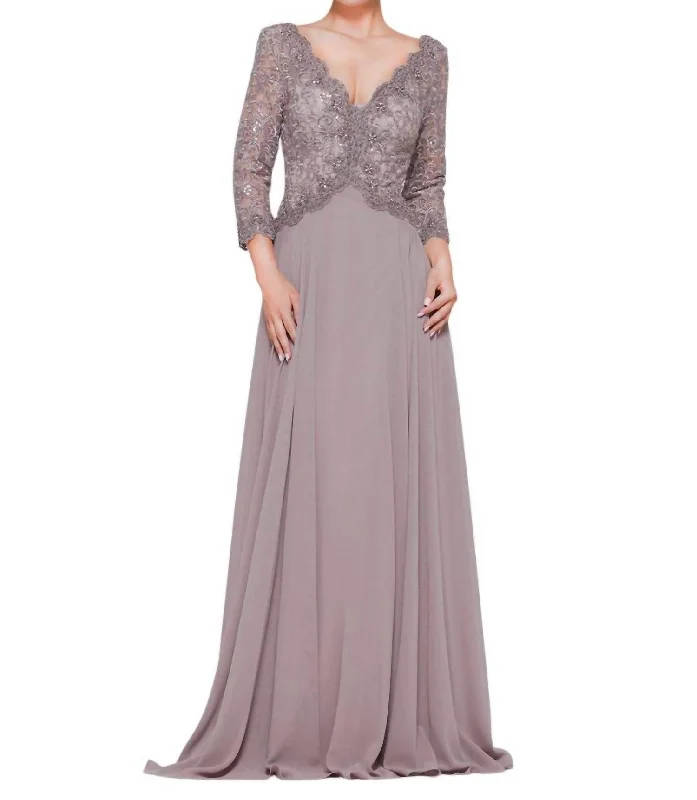 Forward Trendsetter Elegant Attire Quarter Sleeve Scalloped Lace Gown In Taupe