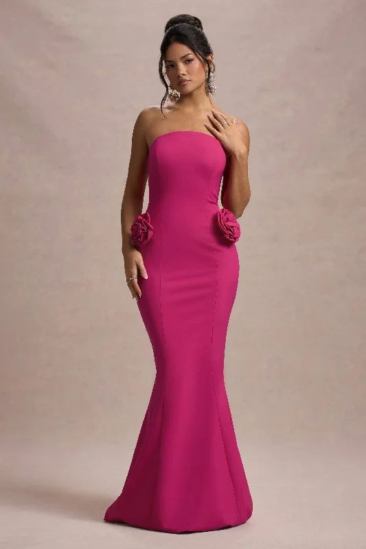 New Season Fashion Preview Sale Grab Romantic Date - Night Styles Now Best Of The Best | Dark Pink Strapless Fishtail Maxi Dress With Corsages