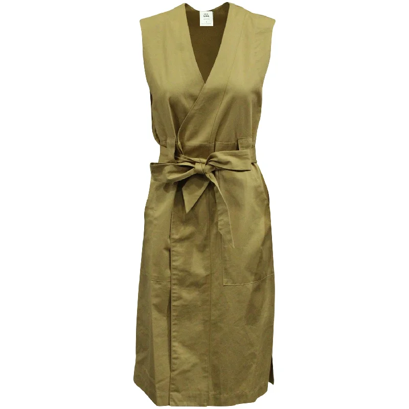 Limited Stock Feminine Elegance Iris & Ink Belted Sleeveless Dress in Khaki Cotton