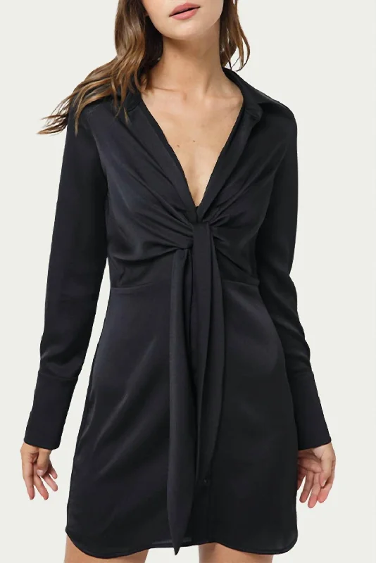 Relaxed Style Vintage Charm Tie-Front Satin Shirt Dress In Black