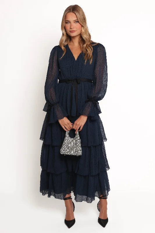 Playful Fashion Offers Bold Silhouette Antoinette Long Sleeve Tiered Maxi Dress - Navy