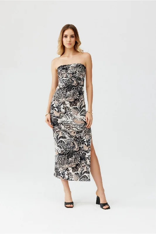 Bid Farewell To The Old Season Urban Sophistication Roco Zuri Strapless Velour Paisley Side Slit Midi Dress