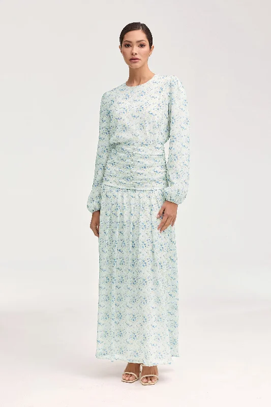 Vintage-Inspired Style Offers Artful Design Randa Rouched Maxi Dress - Blue Floral