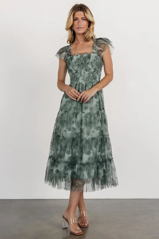 Big Savings Graceful Movement Clementine Tulle Midi Dress | Dusty Green Print