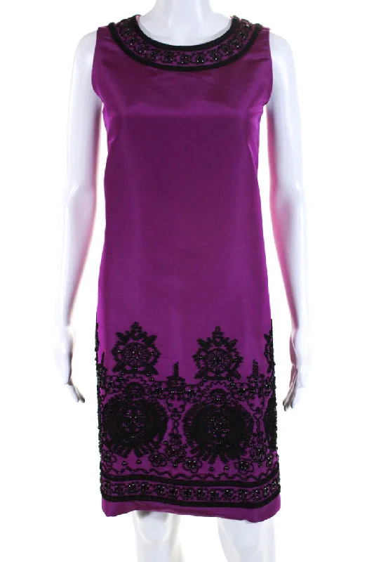 Stupidly Low Prices Chic Allure Oscar de la Renta Womens Embroidered Sleeveless Shift Dress Purple Black