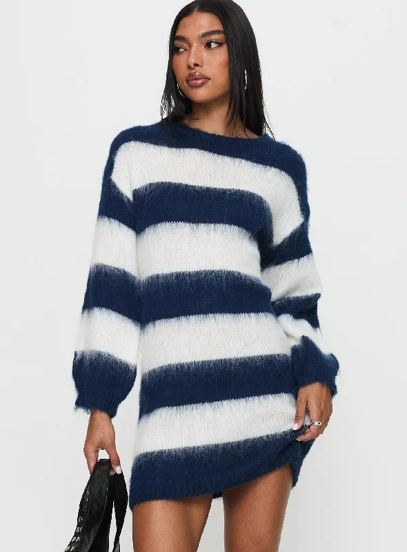 Urban Elegance Deals Art Deco Geometric Pattern Look Iryna Long Sleeve Knit Mini Dress Navy / White Stripe