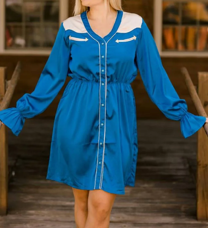 Huge Discounts This Week Romantic Flair Draya Satin Western Yoke Dress In Blue