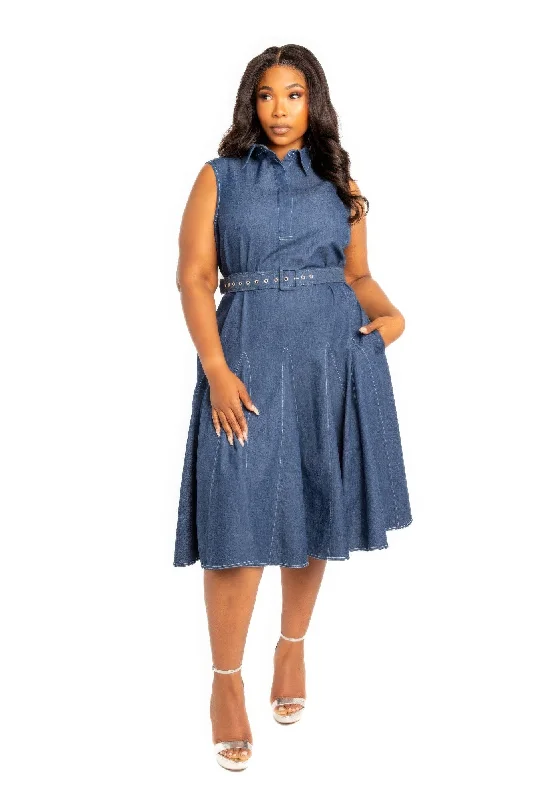 Fashion-Forward Vintage Elegance Contrast stitch washed denim shirt dress with belt