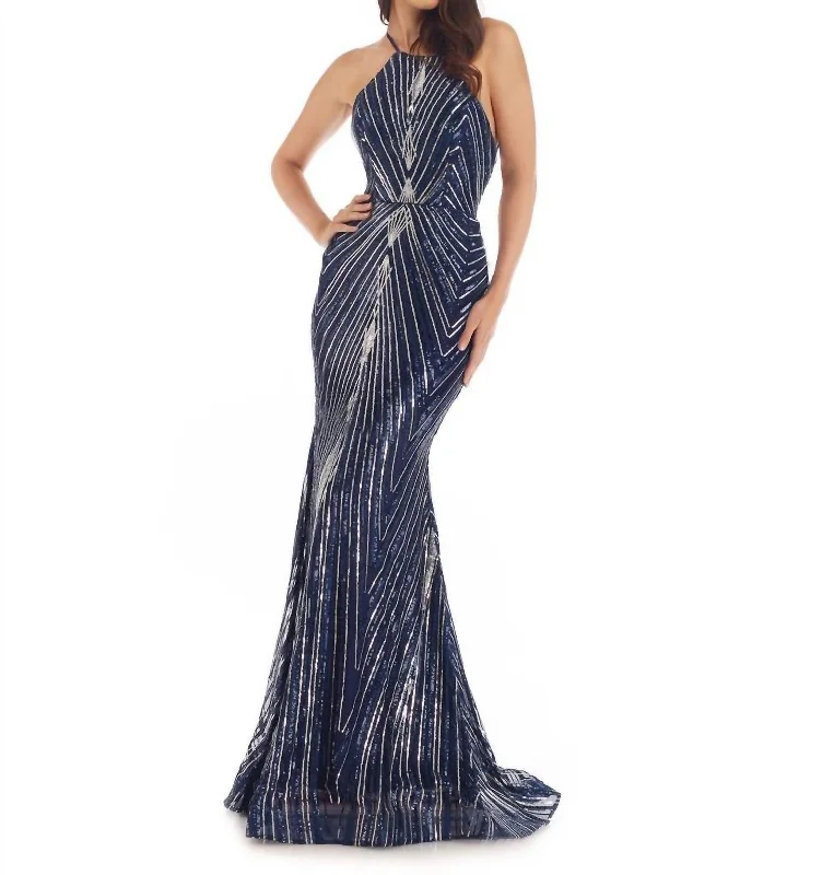 Absurdly Cheap Sale Tropical Island - Inspired Attire Sequined Stretch Tulle Gown In Navy/silver