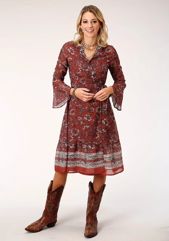 Holiday Attire Sale Bohemian Vibe Roper Womens Floral Border Rust 100% Polyester L/S Dress