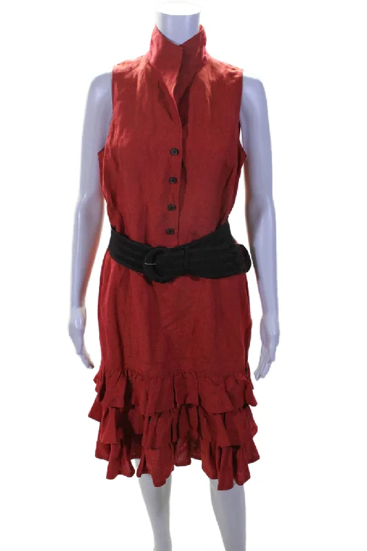 Forward Trendsetter Feminine Soft - Hued Look Lafayette 148 New York Women Ruffled Hem Sleeveless Fit & Flare Belted Dress Red