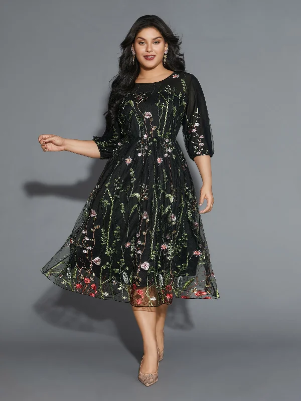 Unbeatable Prices Bold Silhouette Floral Embroidered Elastic Waist Lined Midi Dress