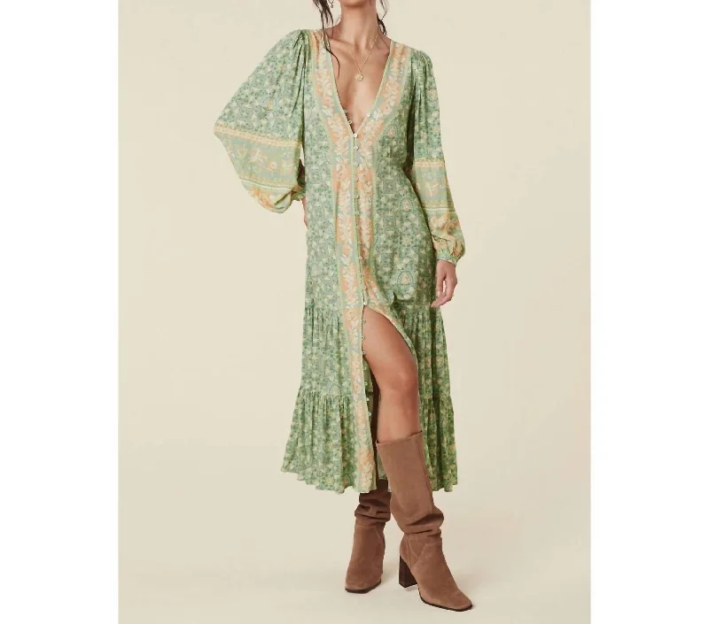 End-Of-Season Clearance Ethnic Cultural Event Wear Madame Peacock Button Through Gown In Emerald