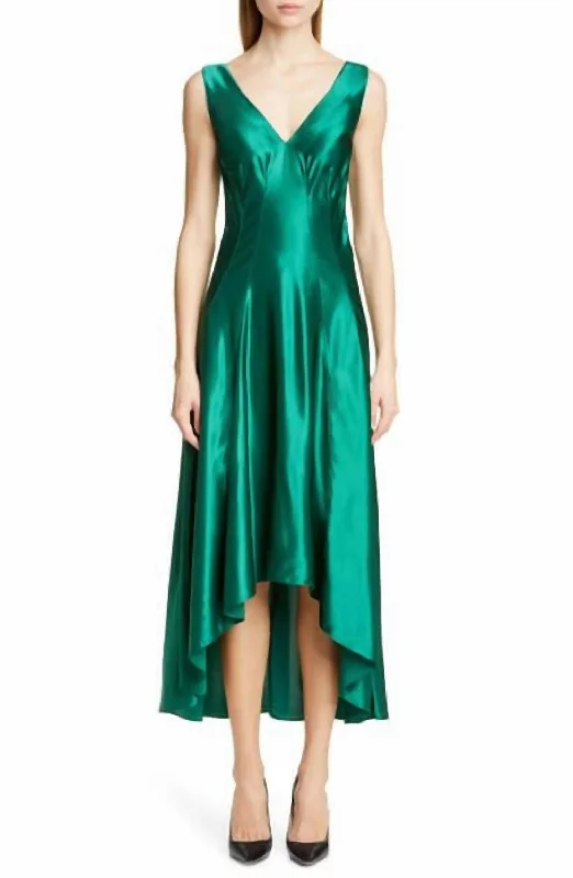 Fresh Fashion Discounts Dreamy Draping Satin High Low Fit Flare Cocktail Dress In Green