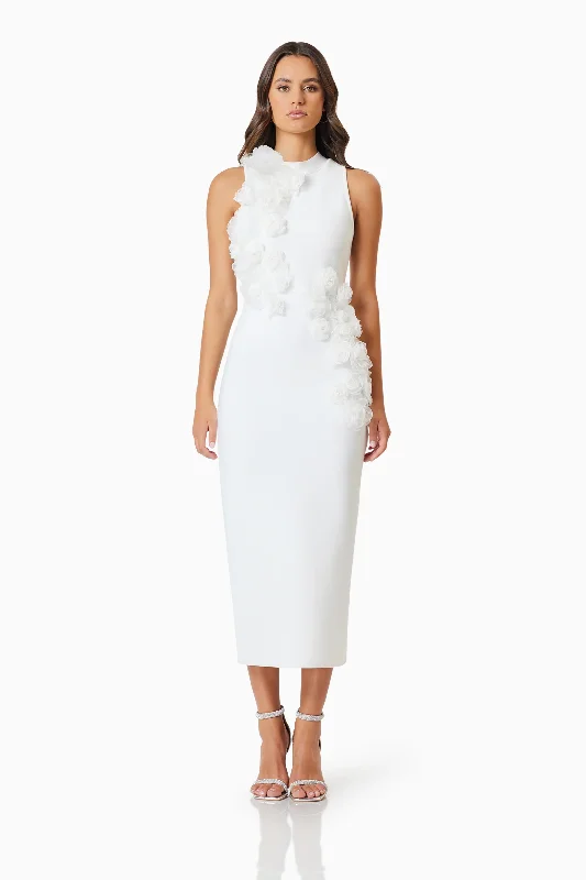 Style Revolution Flowy Fabric OMR x ELLIATT: Whitetail 3D Floral Midi Dress In White