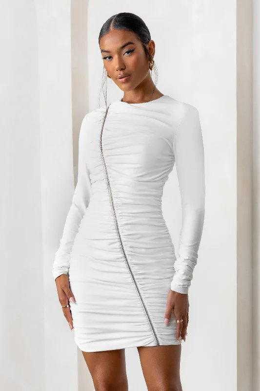 Fresh Fashion Discounts Dreamy Draping Empowered | White High Neck Long Sleeves Zip Detail Mini Dress