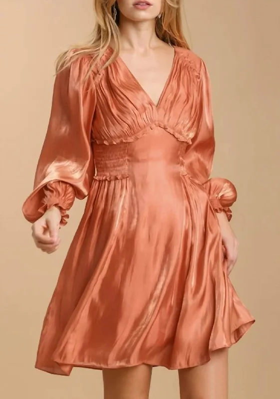 Break Fashion Norms Subtle Sophistication Satin Dress With Smocked Details in Burnt Orange