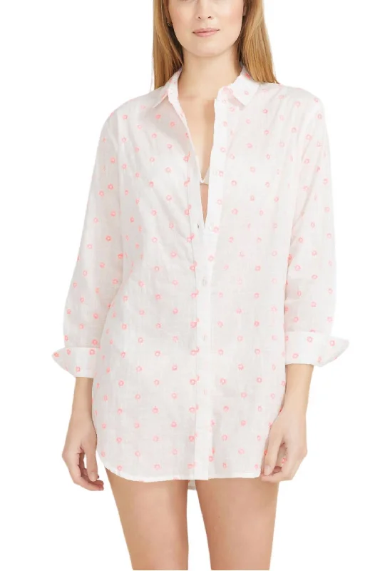 Exclusive Deals Online Graceful Cut Primavera Shirt Dress In White With Pink Embroidery