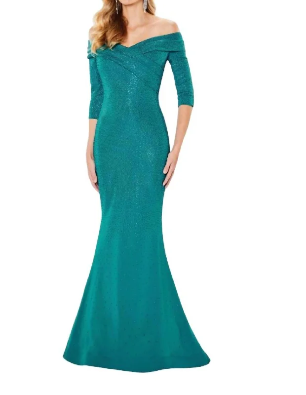 Embrace New Fashion Limited - Stock Off-Shoulder Sparkle Beaded Mermaid Gown In Peacock