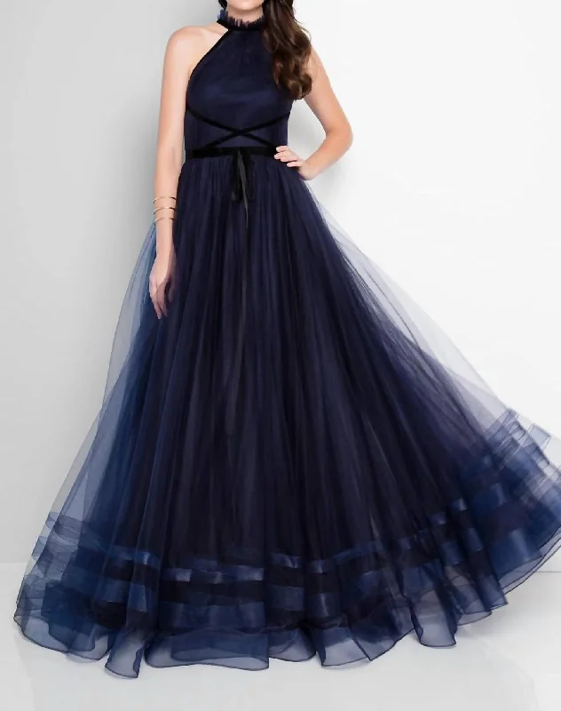 Stylish Statements Chic Allure Halter Gown In Navy