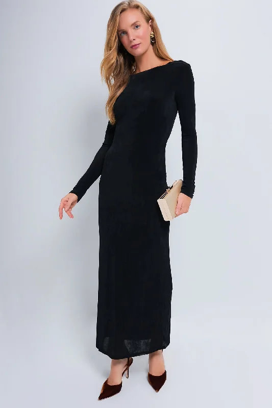 Durable Fashion Picks Art Deco Geometric Pattern Look Black Luna Long Sleeve Maxi Dress