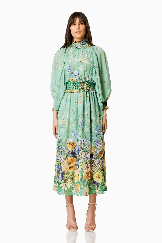 Fashion-Forward Feminine Flow Holly Midi Floral Dress In Green