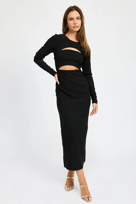 Flash Sale Fever Feminine Grace Hot Girl Midnight Long Sleeve Cutout Midi Dress In Black