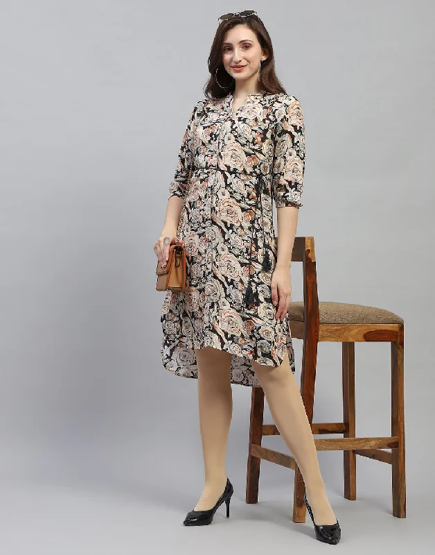 Hurry Before It'S Gone Limited - Edition Drops Women Black Floral Print V Neck 3/4 Sleeve Dress