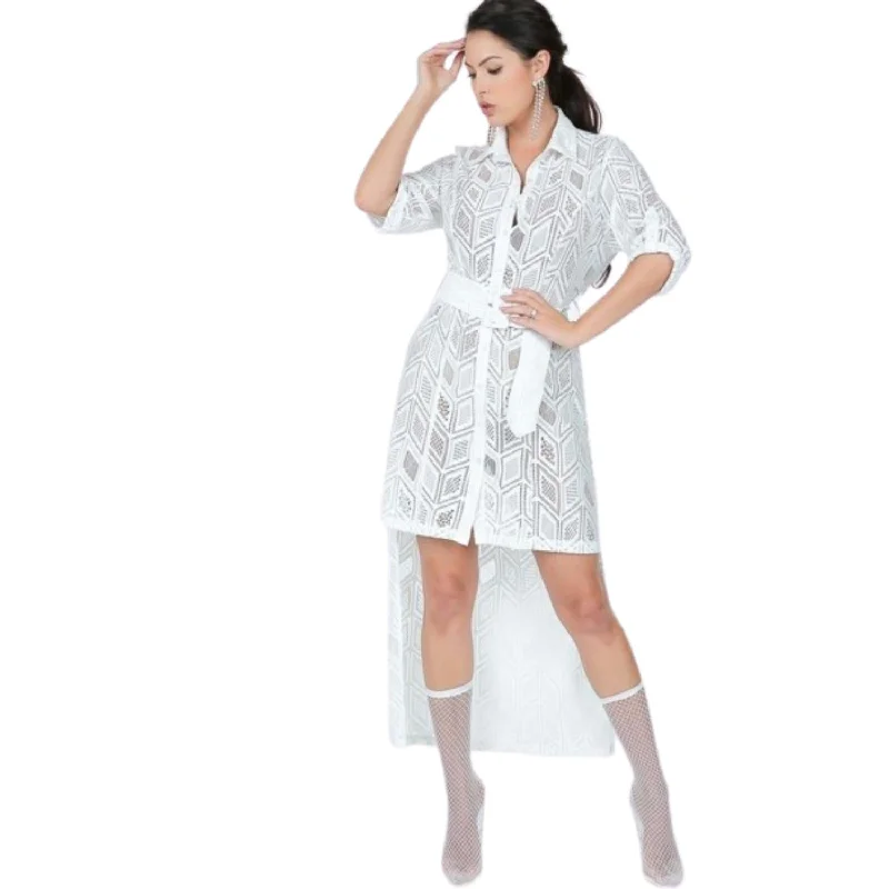 Holiday Glam Everyday Glamour Belted Hi Low Placket Lace Shirt Dress