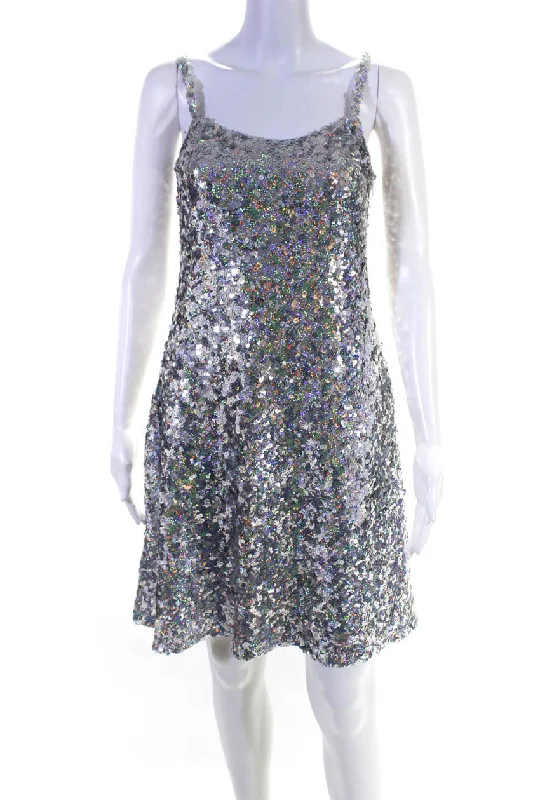 Unleash Your Trend Driven Style Disco - Inspired Retro Dance Look Rodarte Womens Holographic Sequin Sleeveless Mini Sheath Dress Silver