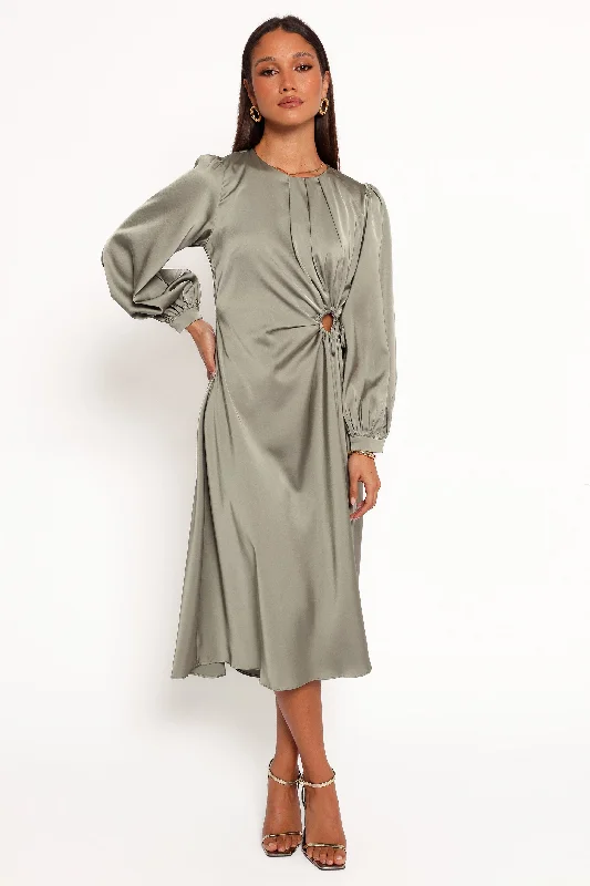 Budget Saver Romantic Detailing Windsor Long Sleeve Maxi Dress - Olive