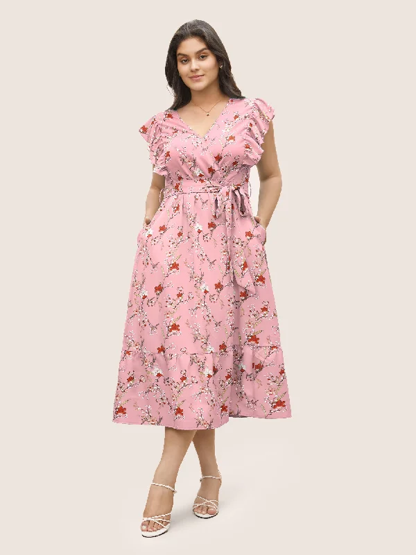 Unleash Your Style Effortless Comfort Ditsy Floral Flutter Trim Pocket Layered Hem Dress