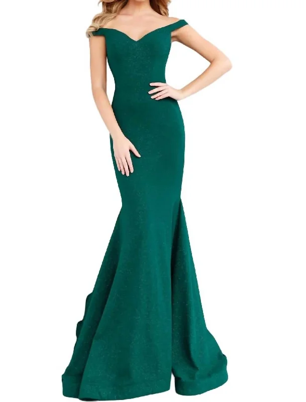 Summer Deals Bold Patterns Sparkle Gown With Off Shoulder Long Train In Green