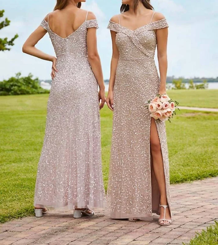 Hot Deals Vintage Elegance All Over Sequin Gown In Taupe