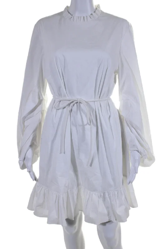 Clearance Sale, All Cheap Parisian Effortless Chic Style Staud Womens Long Sleeves Belted Ruffled Neck Shirt Dress White Cotton