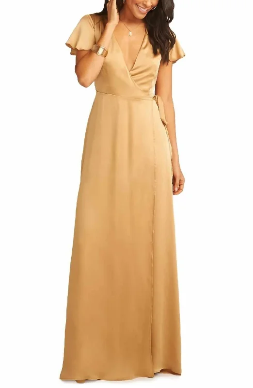 Low Price Special Summer Fashion Noelle Satin Wrap Maxi Long Dress In Gold