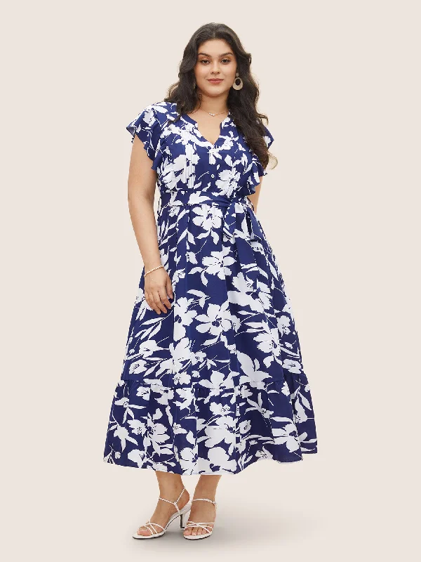 Fashion Forward Femininity Effortless Grace Silhouette Floral Print Ruffle Cap Sleeve Dress