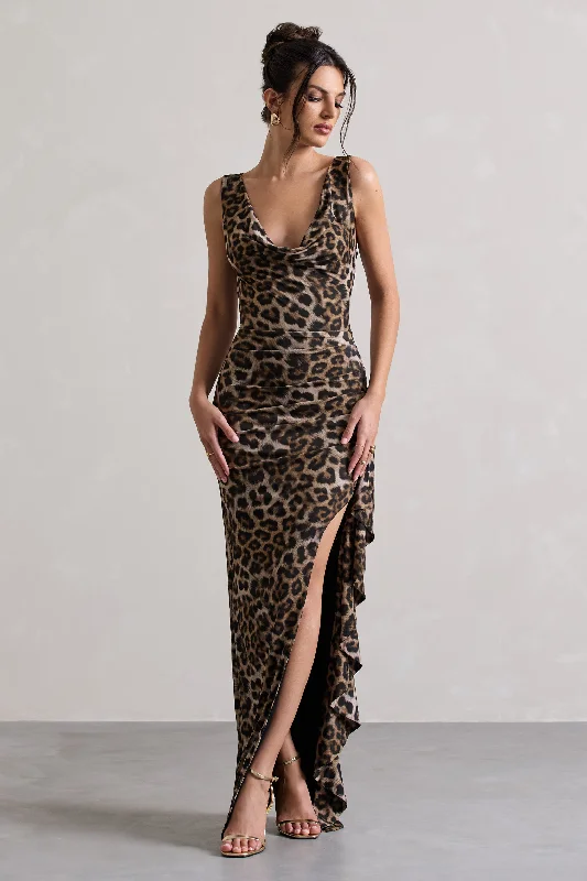 Discount Extravaganza Big Savings on Minimalist Office Styles Kaida | Leopard Print Cowl-Neck Ruffled Split Maxi Dress