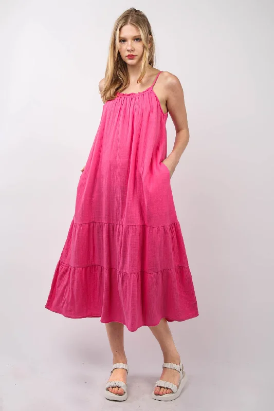 Flash Sale, Don'T Miss Luxury Style Hot Girl Ruffled A-Line Cami Midi Dress In Hot Pink