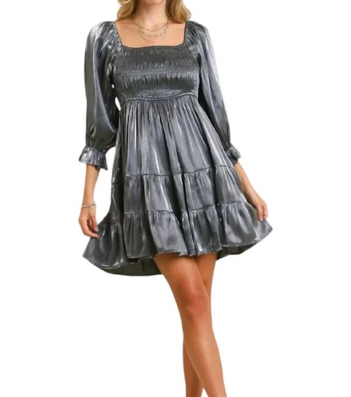 Classic Chic Deals Minimalist Office - Ready Style Satin Smocked Babydoll Dress In Grey