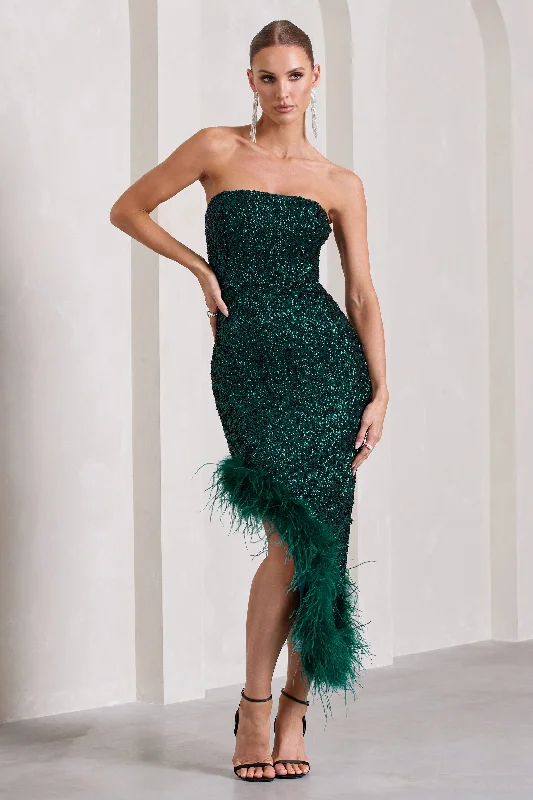 Glamorous Fashion Offers Elegant Attire Emulate | Bottle Green Sequin Asymmetric Bandeau Maxi Dress With Feathers