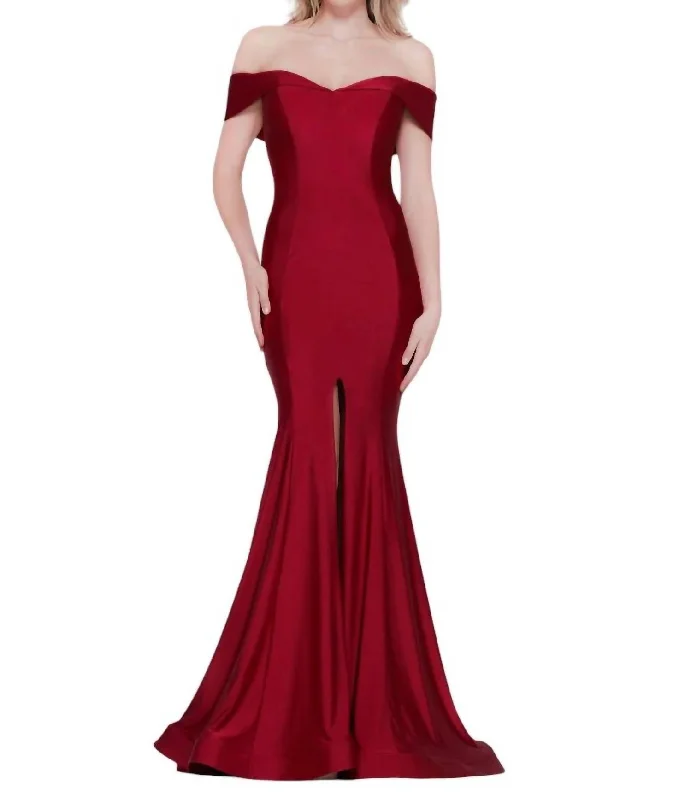 Relaxed Style Deals Playful Elegance Off Shoulder Front Slit Satin Mermaid Gown In Red