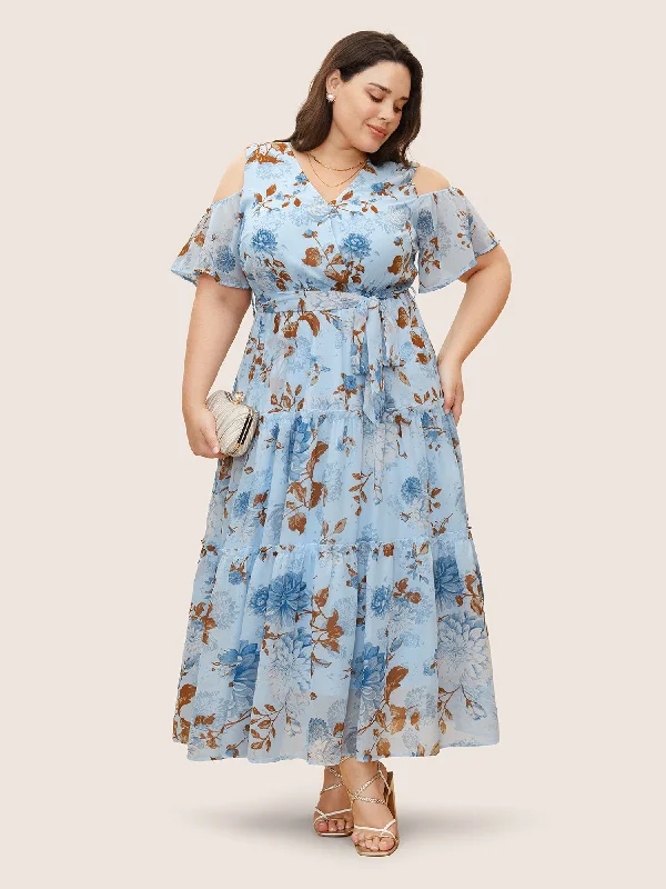 Comfort Meets Fashion Luxury Style Floral Wrap Mesh Ruffle Sleeve Dress