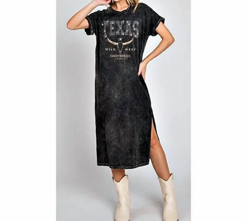 Stylish Statements Polished Finish Texas Rhinestone Graphic Mineral Tee Shirt Dress In Black Wash