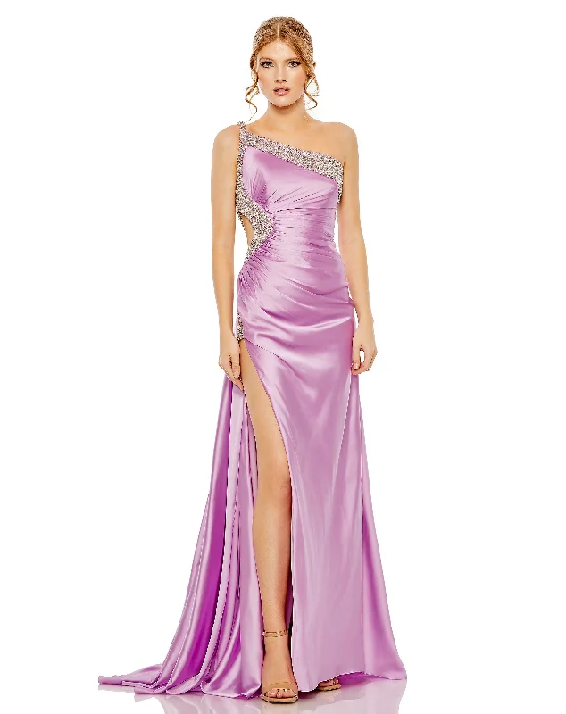 Contemporary Casual Deals Limited - Stock Ruched One Shoulder Side Cutout Embellished Satin Gown