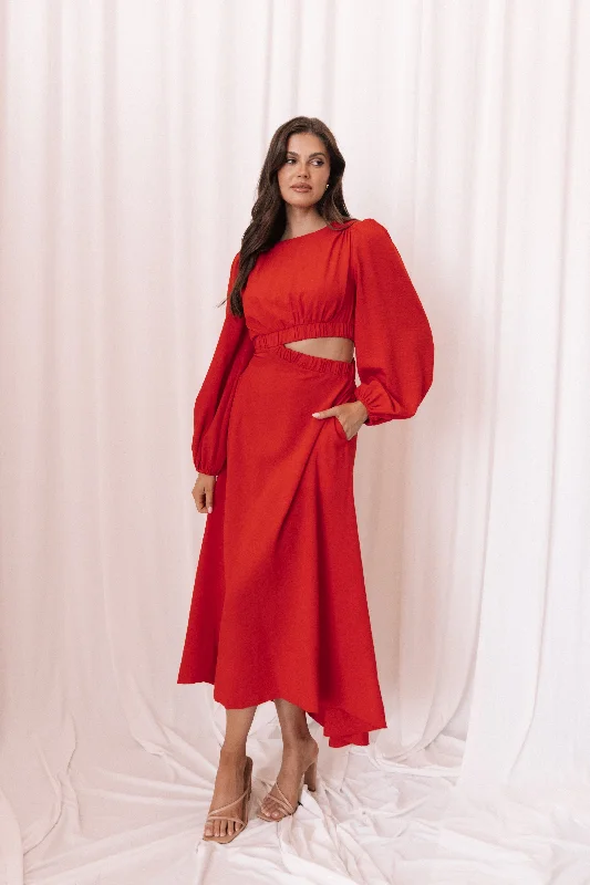 Evening Elegance Feminine Elegant Ginnee Puff Sleeve Cutout Midi Dress - Red