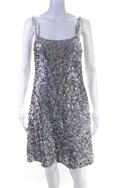 Relaxed Style Chic Allure Rodarte Womens Holographic Sequin Sleeveless Mini Sheath Dress Silver